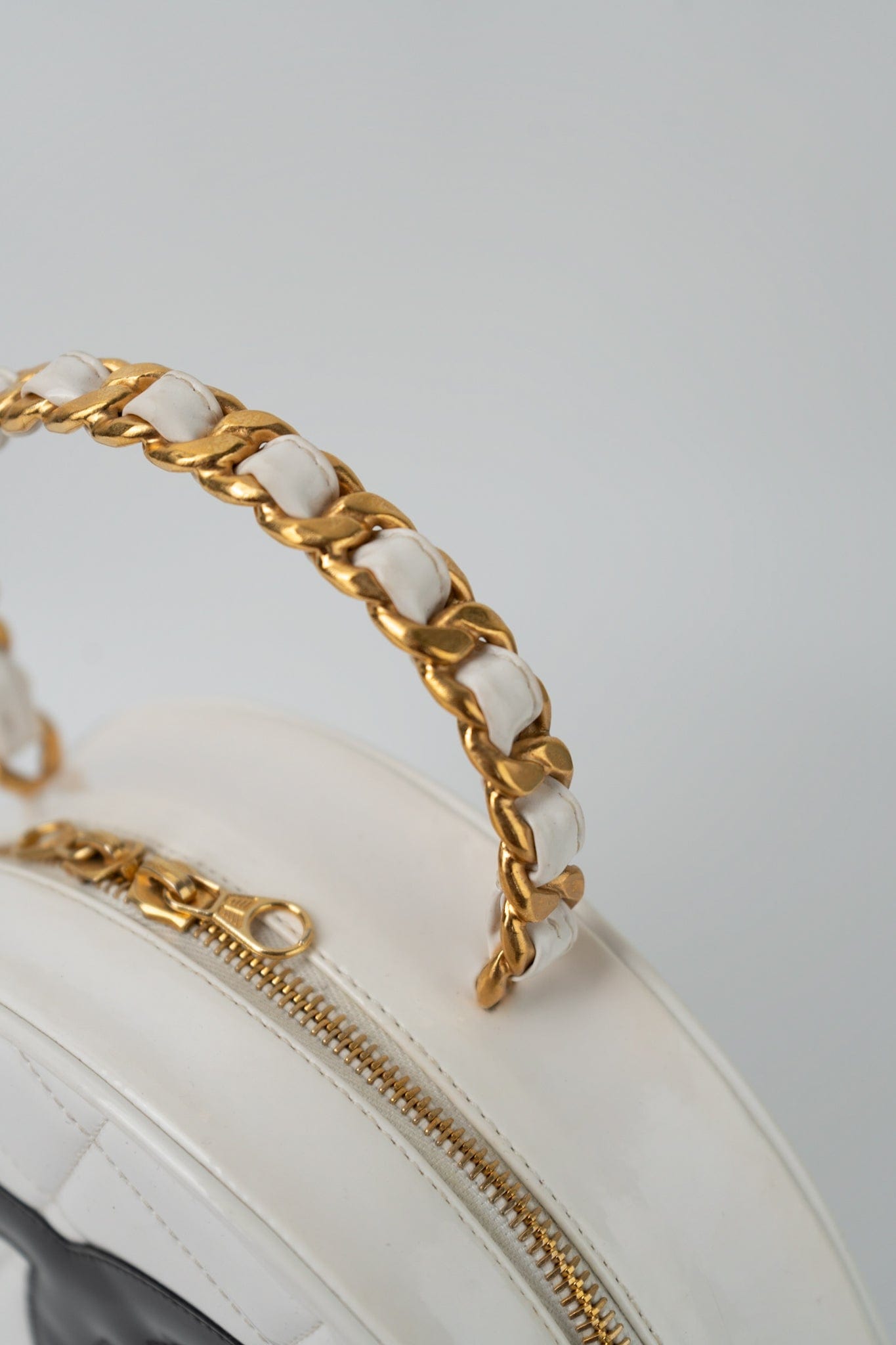 Vintage White Patent Leather Round Vanity Bag Gold Hardware