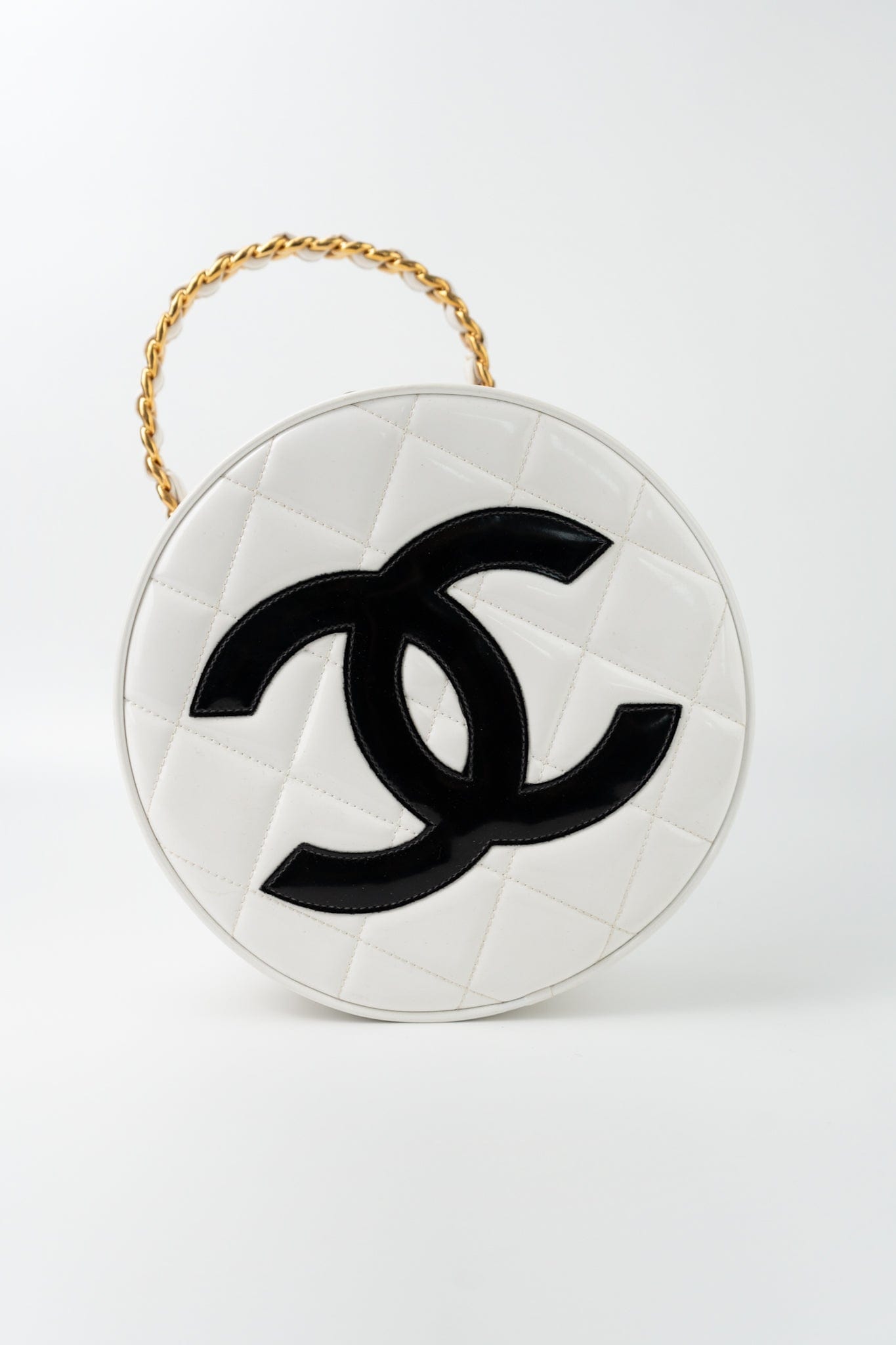 Vintage White Patent Leather Round Vanity Bag Gold Hardware