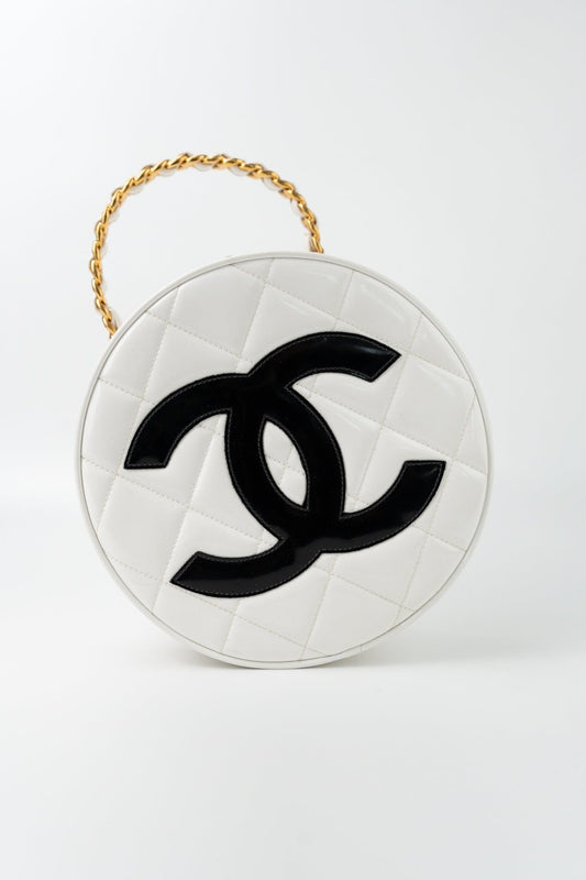 Vintage White Patent Leather Round Vanity Bag Gold Hardware
