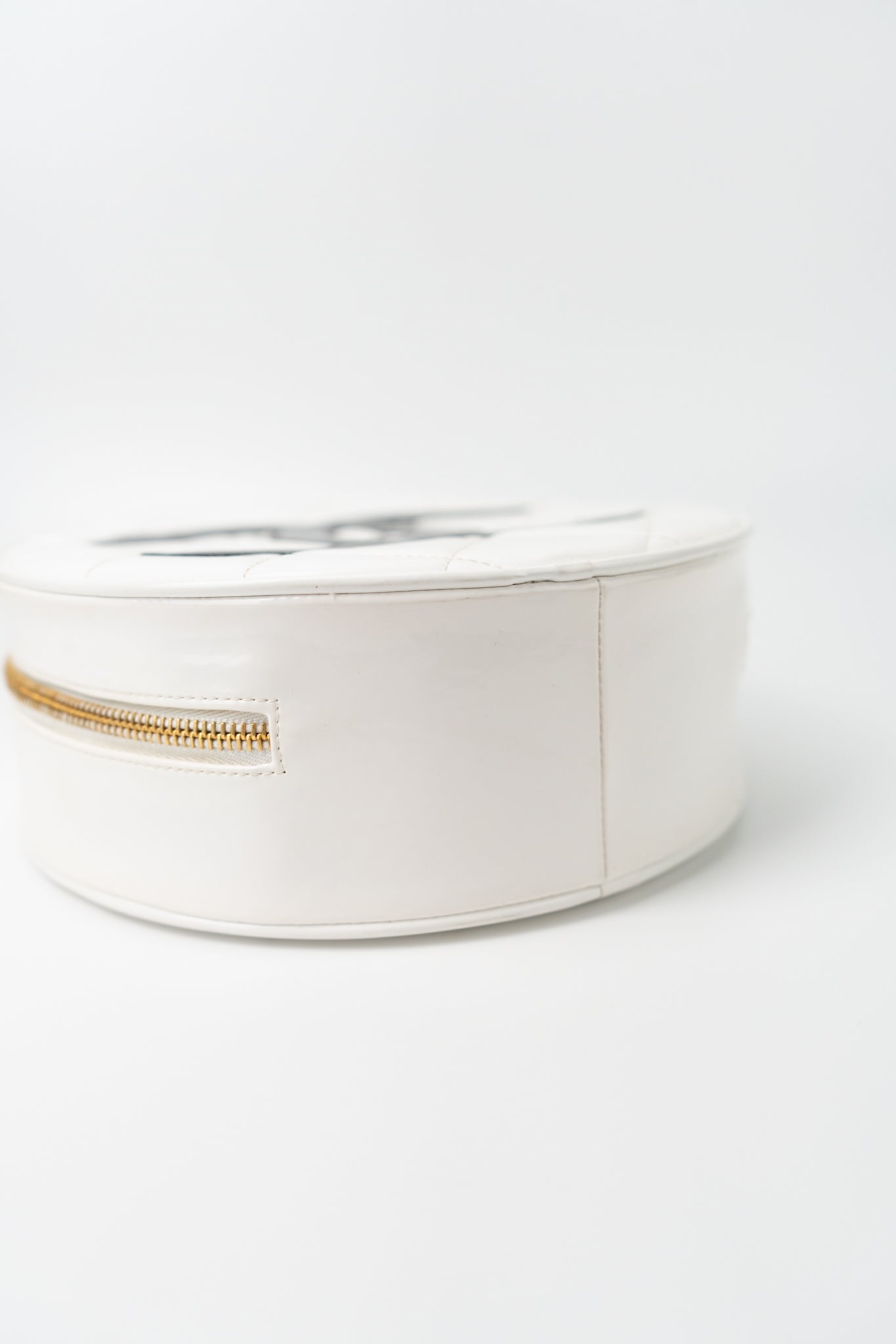 Vintage White Patent Leather Round Vanity Bag Gold Hardware