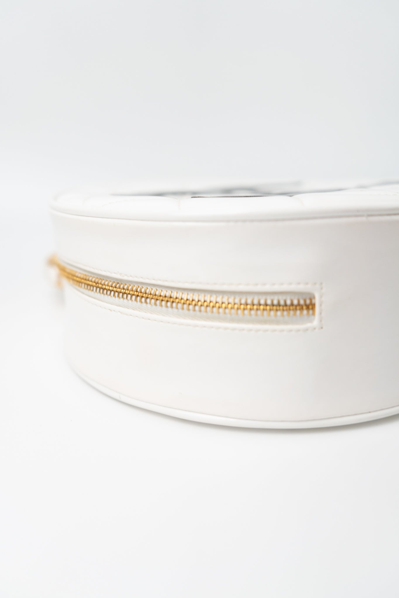 Vintage White Patent Leather Round Vanity Bag Gold Hardware