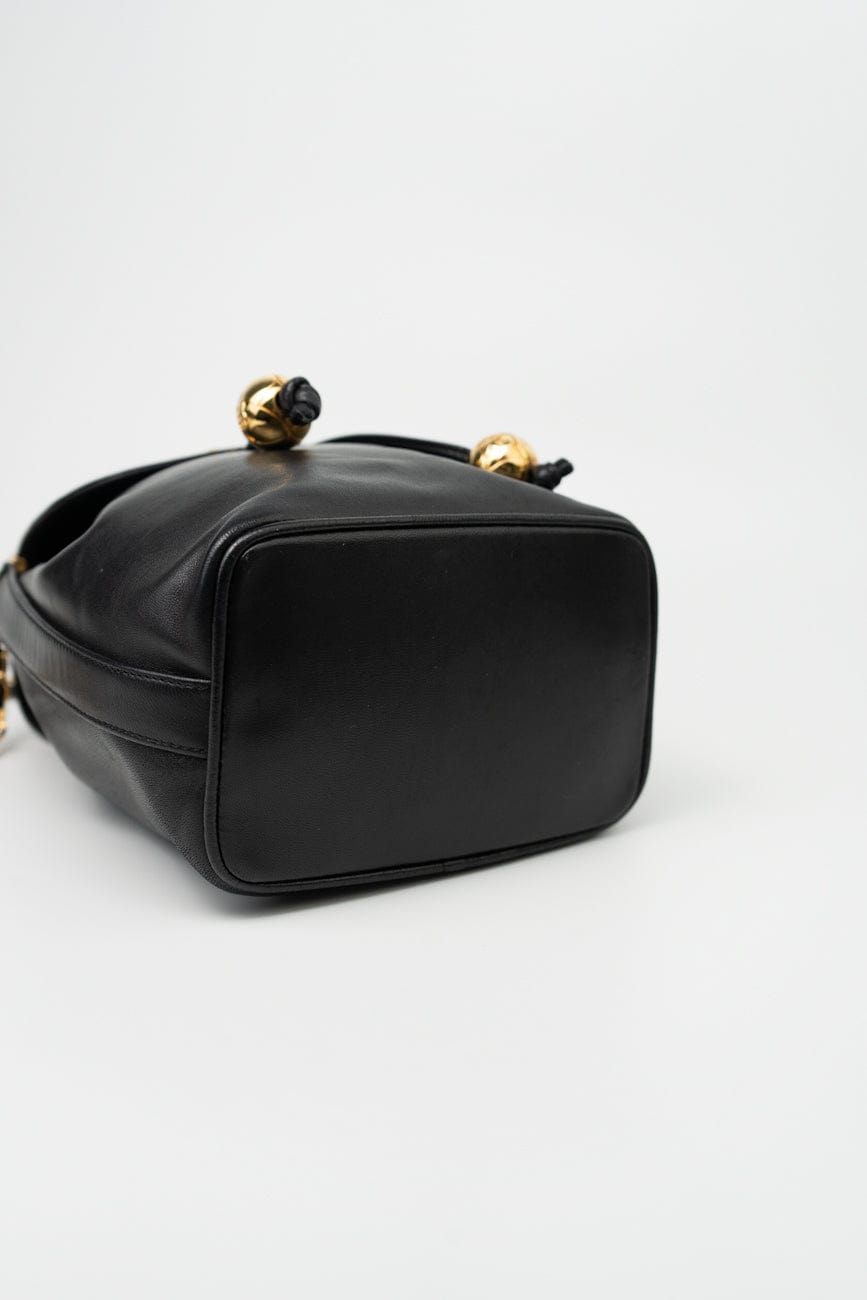 Vintage Black Lambskin Drawstring Cross Body Bag Gold Hardware