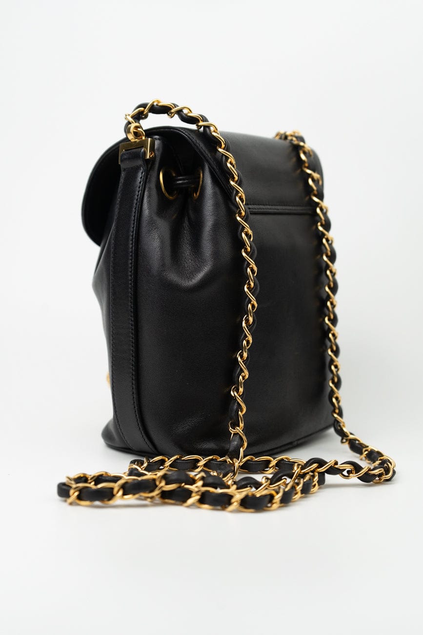 Vintage Black Lambskin Drawstring Cross Body Bag Gold Hardware