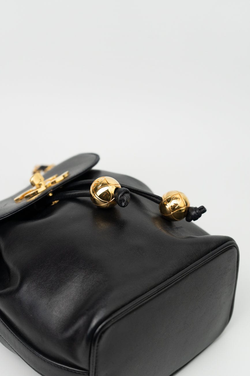 Vintage Black Lambskin Drawstring Cross Body Bag Gold Hardware