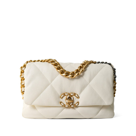 White Lambskin Quilted 19 Flap Small Mixed Hardware