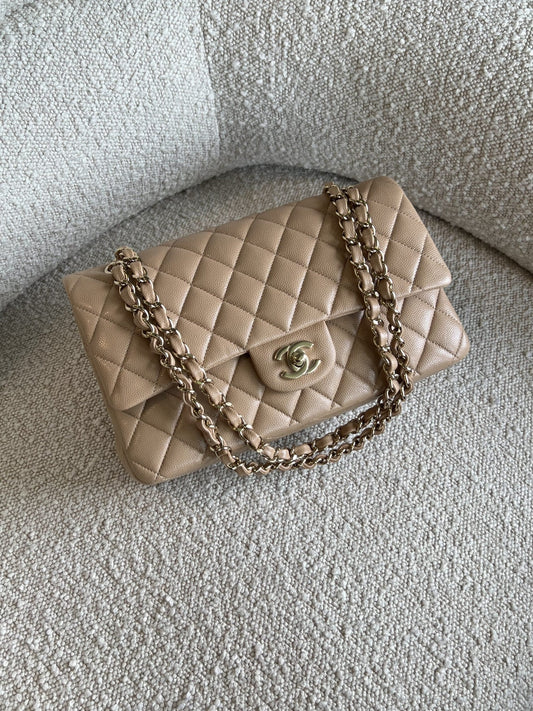 19B Dark Beige Caviar Quilted Classic Flap Medium LGHW