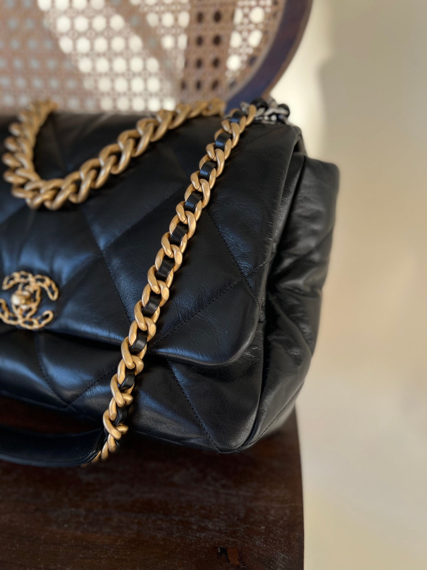 20A Black Goatskin Quilted 19 Flap Maxi Mixed Hardware