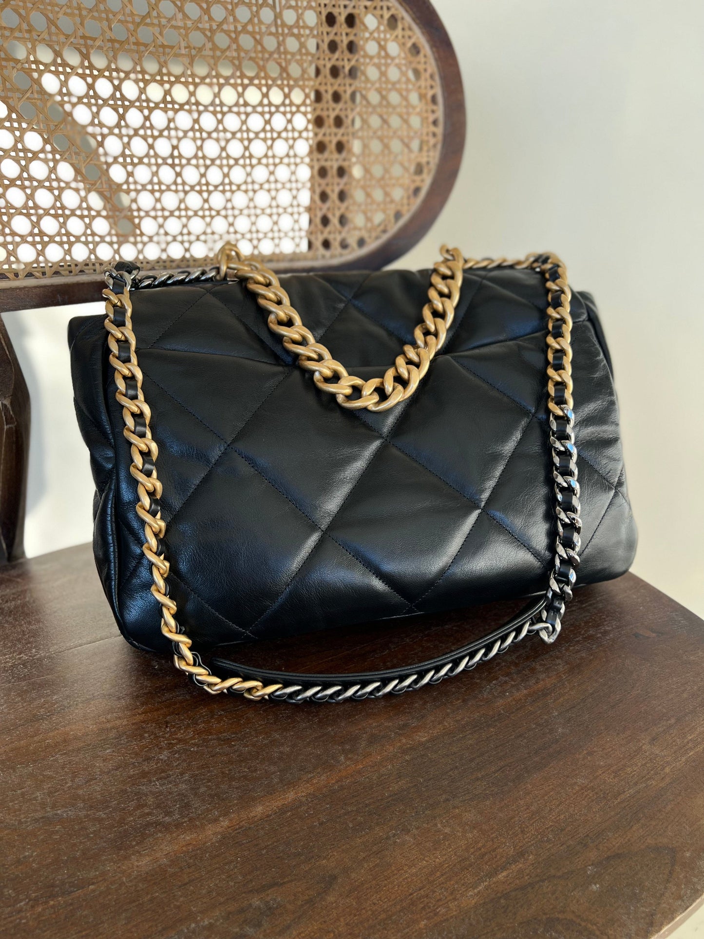 20A Black Goatskin Quilted 19 Flap Maxi Mixed Hardware