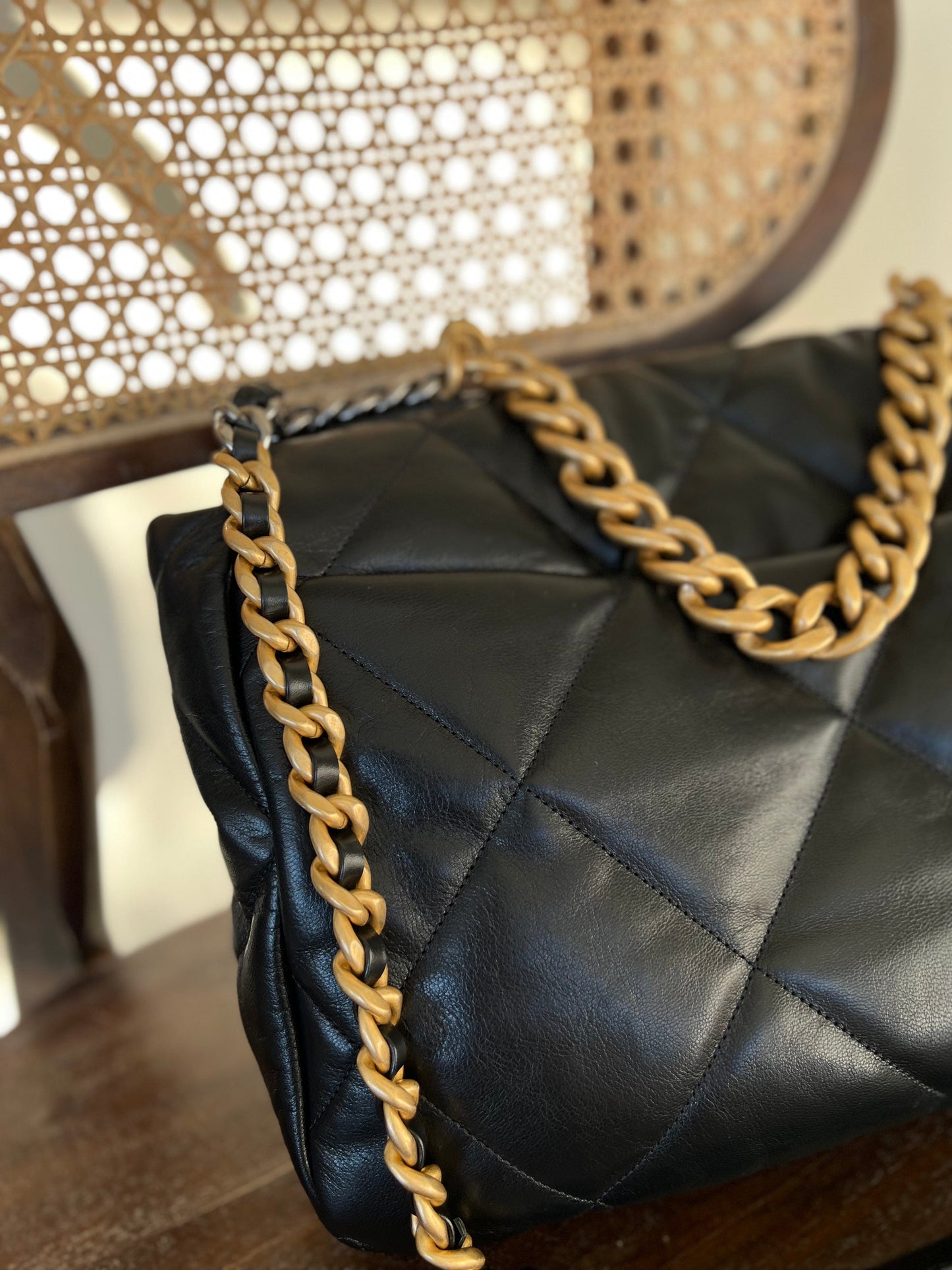 20A Black Goatskin Quilted 19 Flap Maxi Mixed Hardware