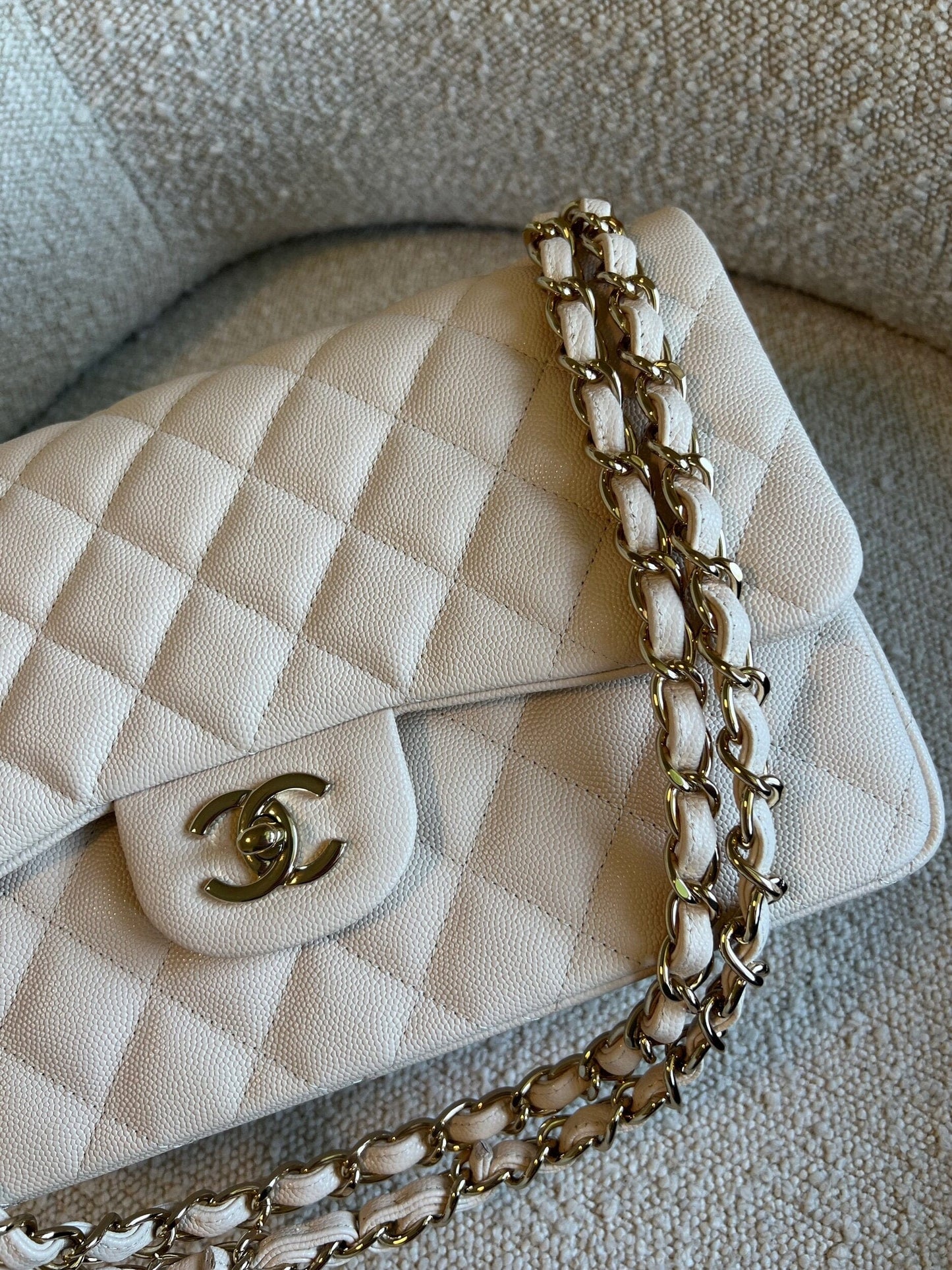 20C Light Beige Caviar Quilted Jumbo Classic Flap LGHW