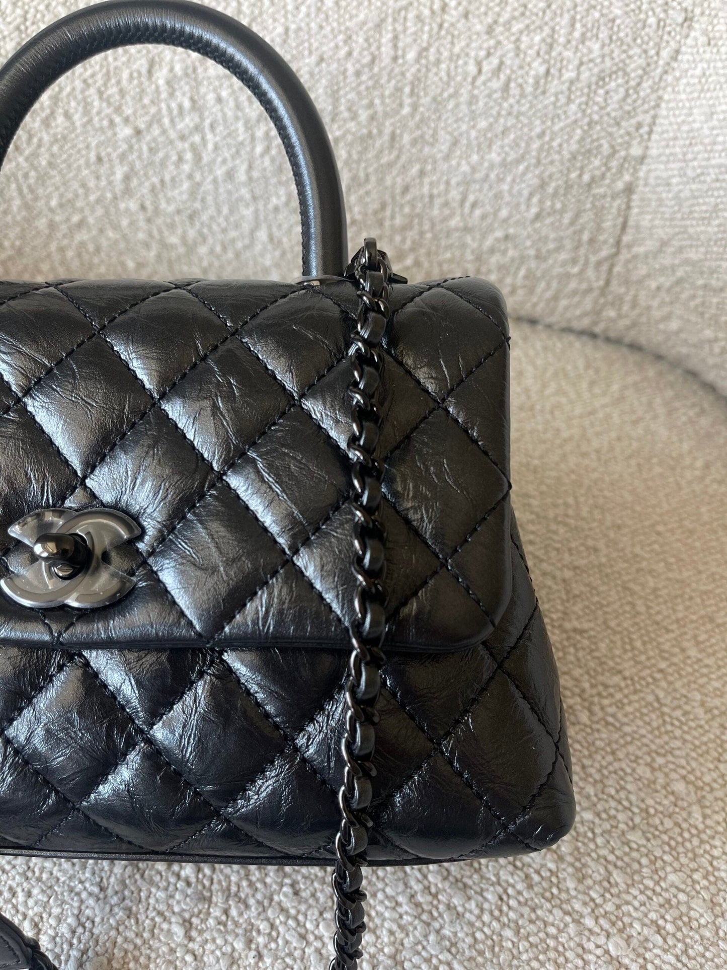 20P So Black Calfskin Quilted Coco Handle Small with Black Hardware