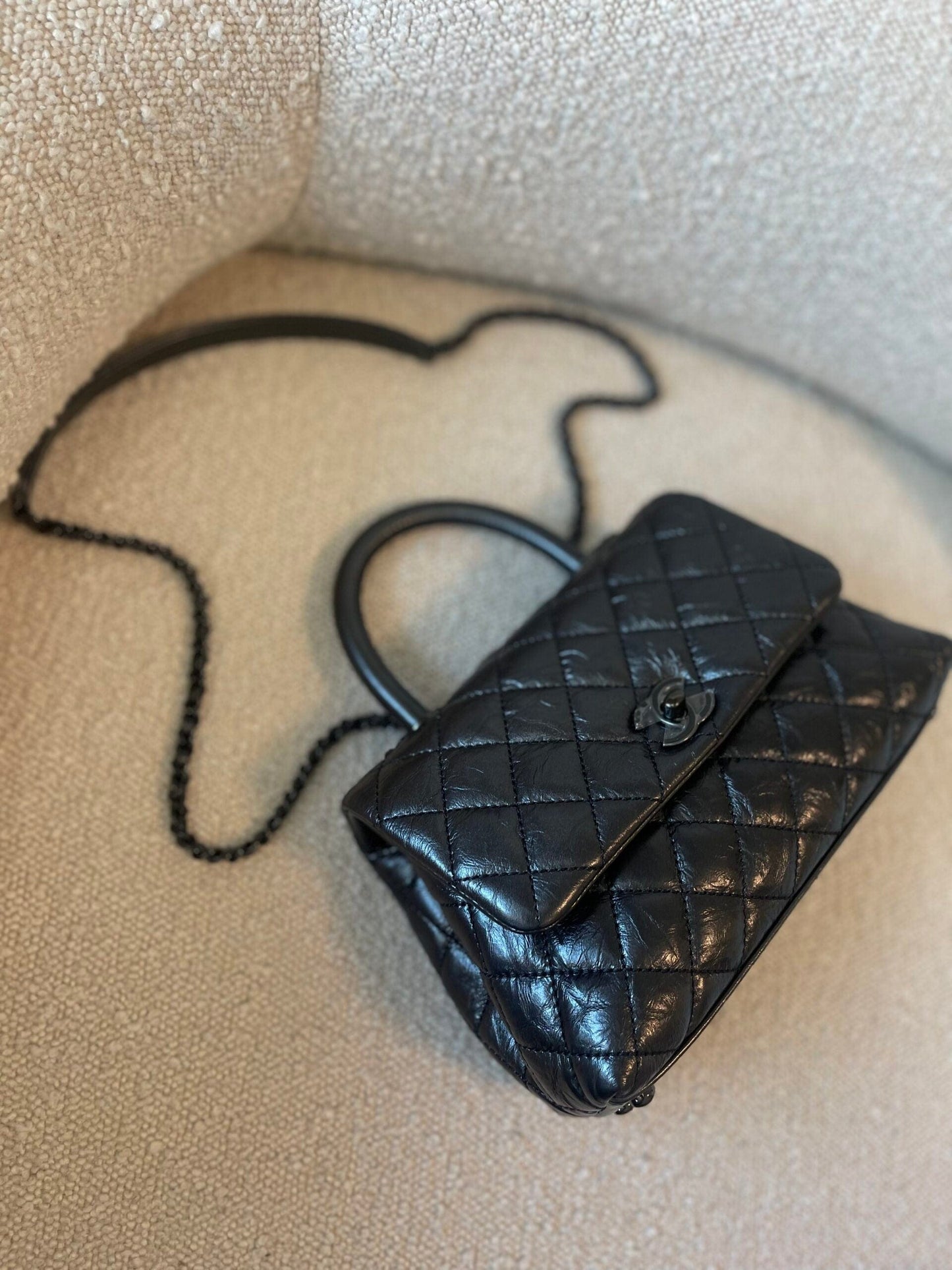 20P So Black Calfskin Quilted Coco Handle Small with Black Hardware