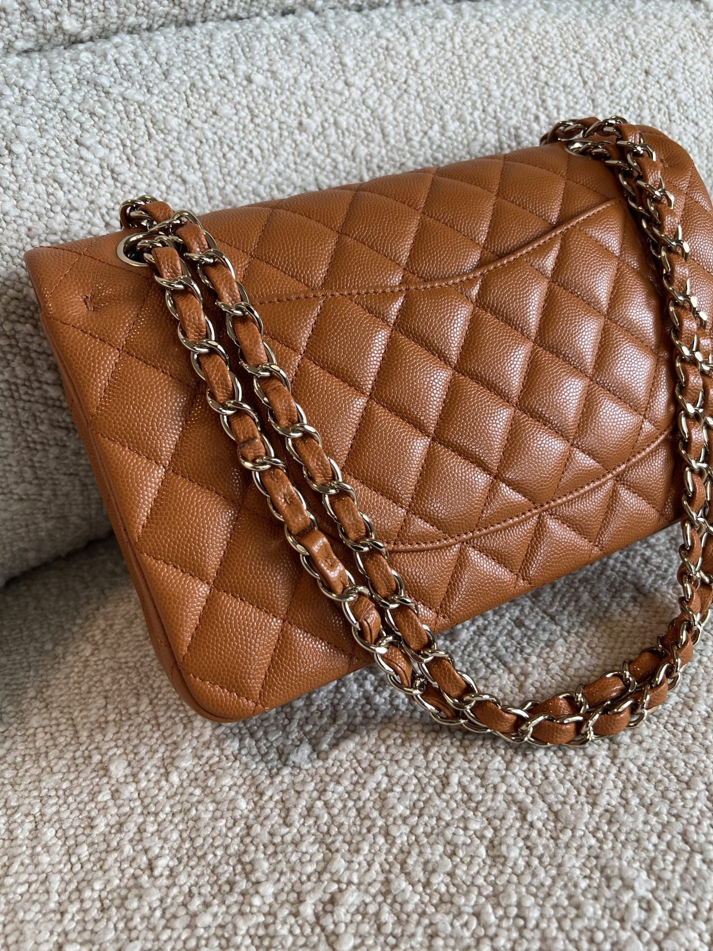 21A Caramel / Light Brown Caviar Quilted Classic Flap Medium LGHW