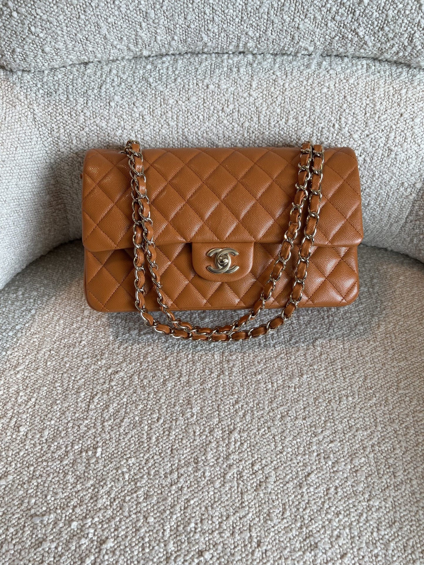 21A Caramel / Light Brown Caviar Quilted Classic Flap Medium LGHW