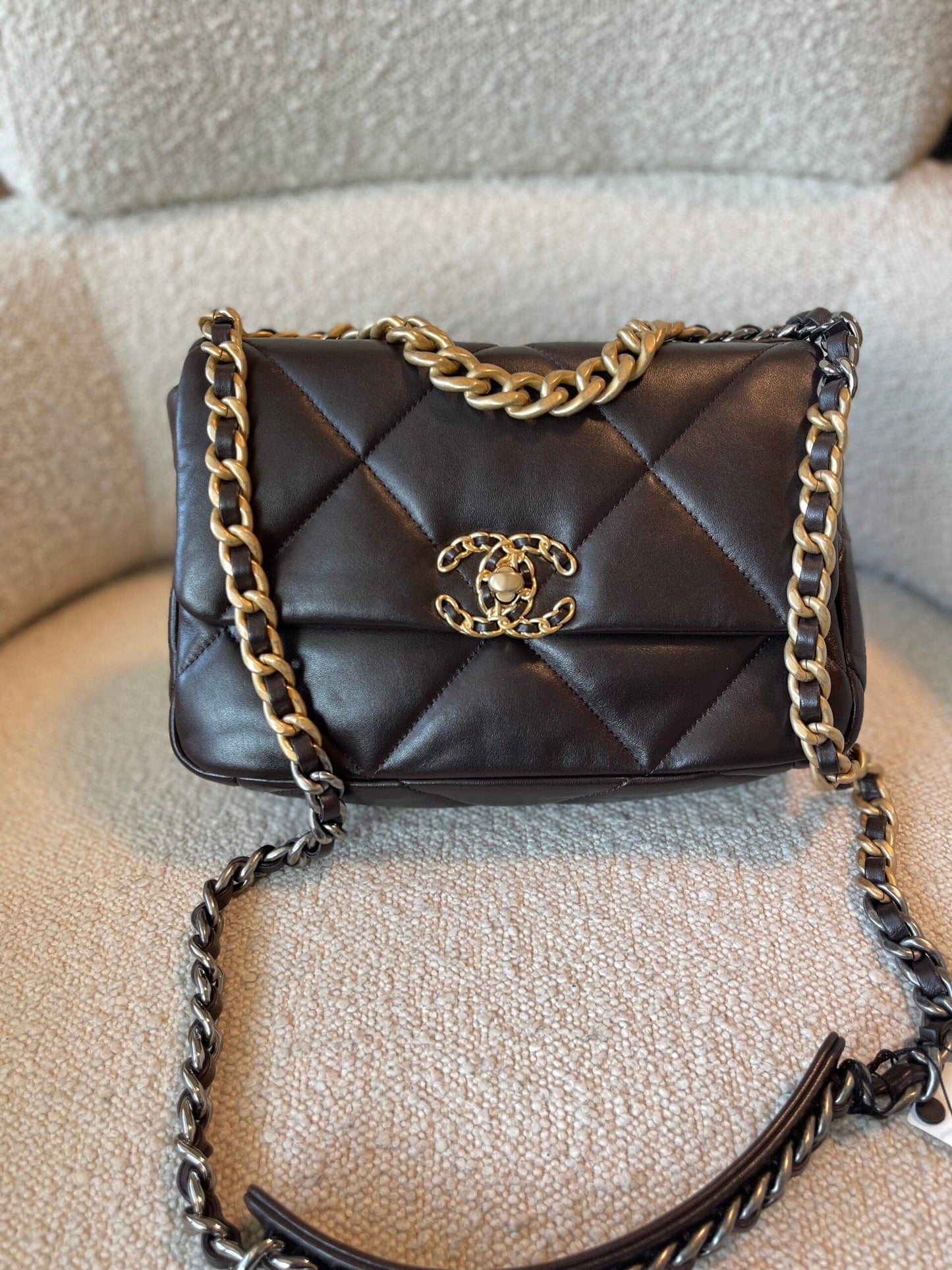 21A Dark Brown Lambskin Quilted 19 Flap Small MHW