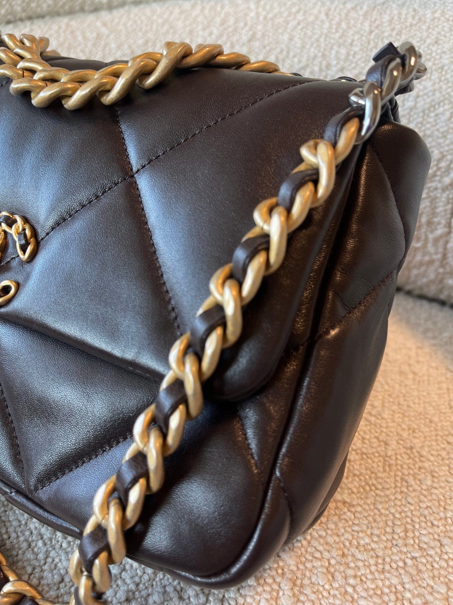 21A Dark Brown Lambskin Quilted 19 Flap Small MHW