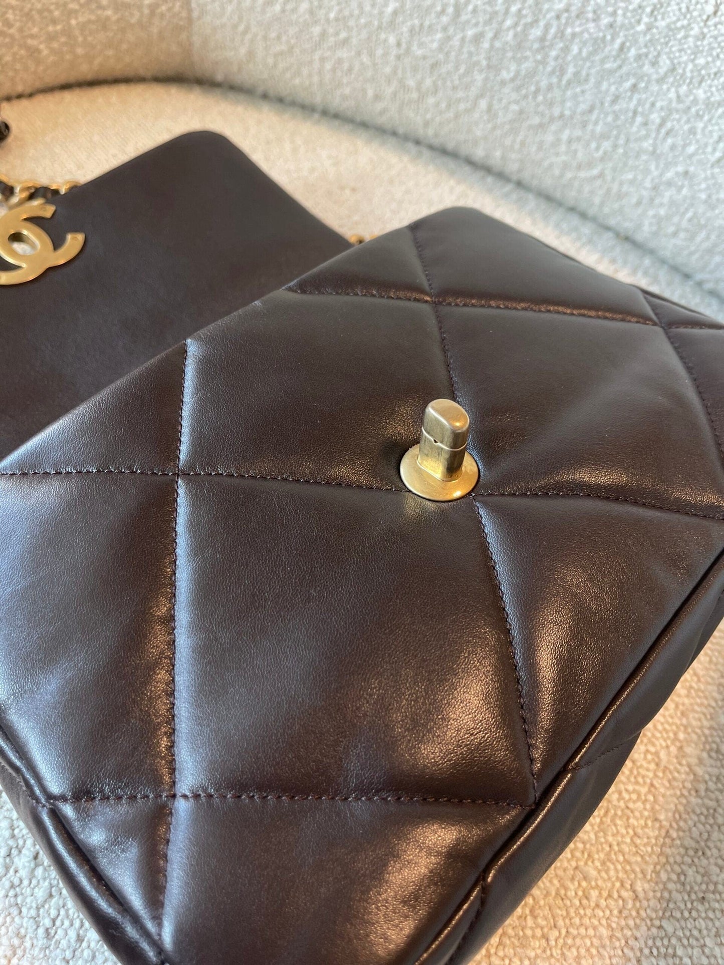 21A Dark Brown Lambskin Quilted 19 Flap Small MHW