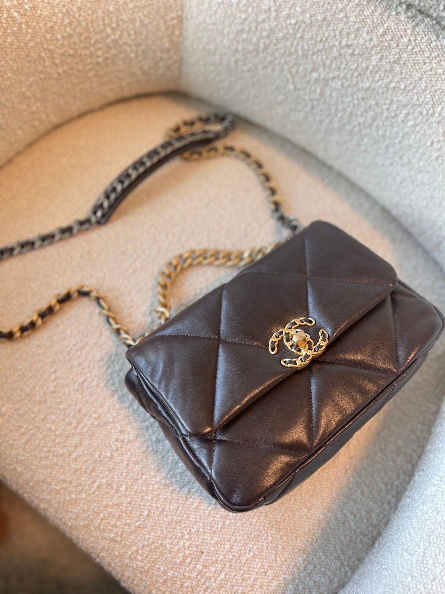 21A Dark Brown Lambskin Quilted 19 Flap Small MHW