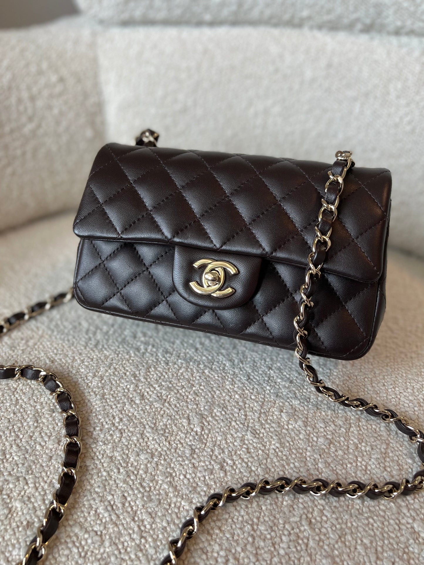 21A Dark Brown Lambskin Quilted Mini Rectangular Single Flap Light Gold Hardware