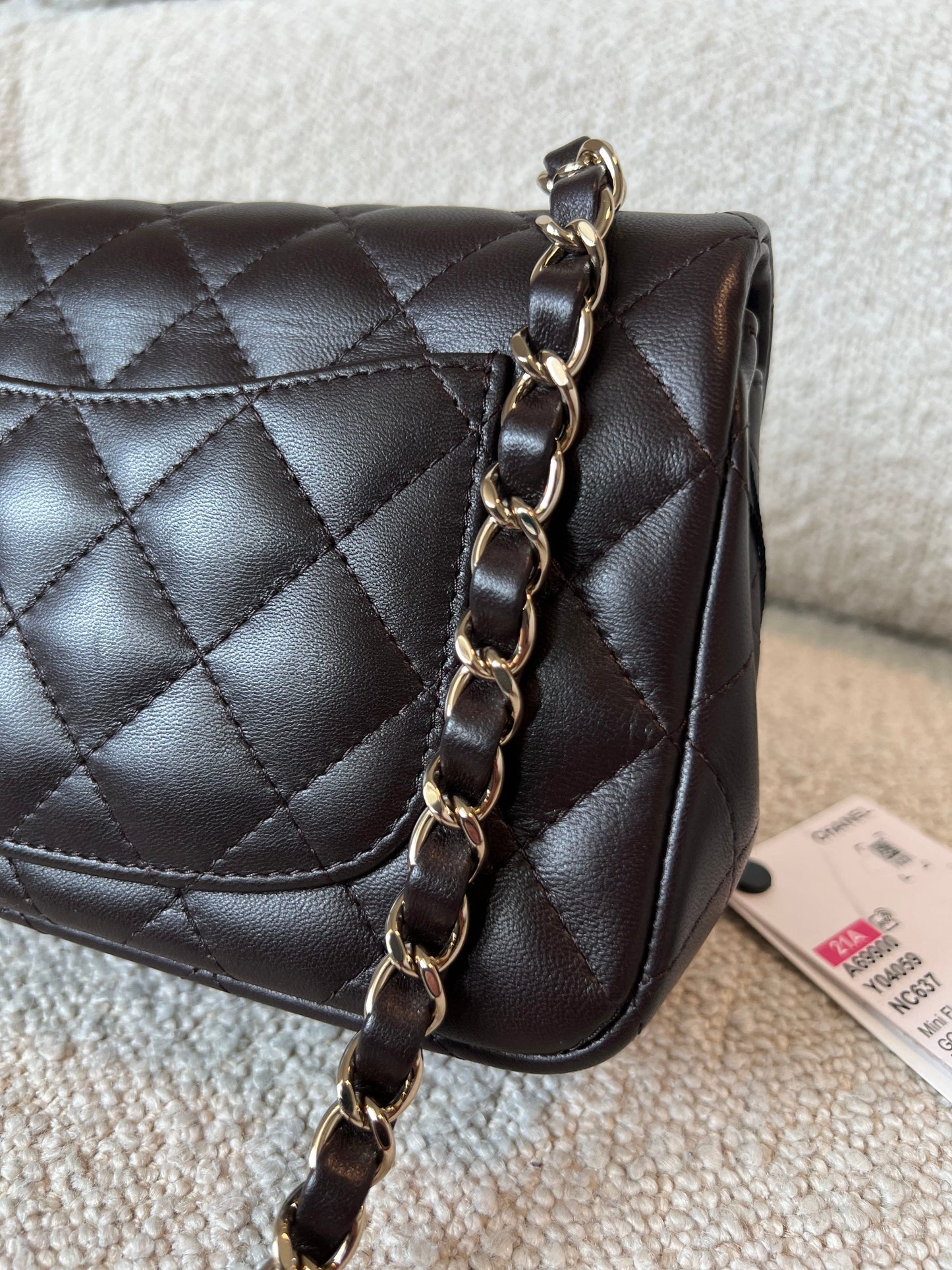 21A Dark Brown Lambskin Quilted Mini Rectangular Single Flap Light Gold Hardware