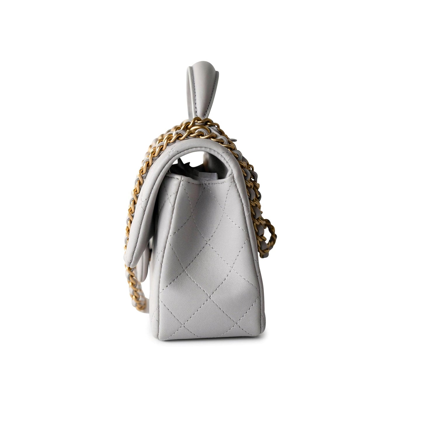 21A Grey Lambskin Quilted Mini Top Handle Antique Gold Hardware