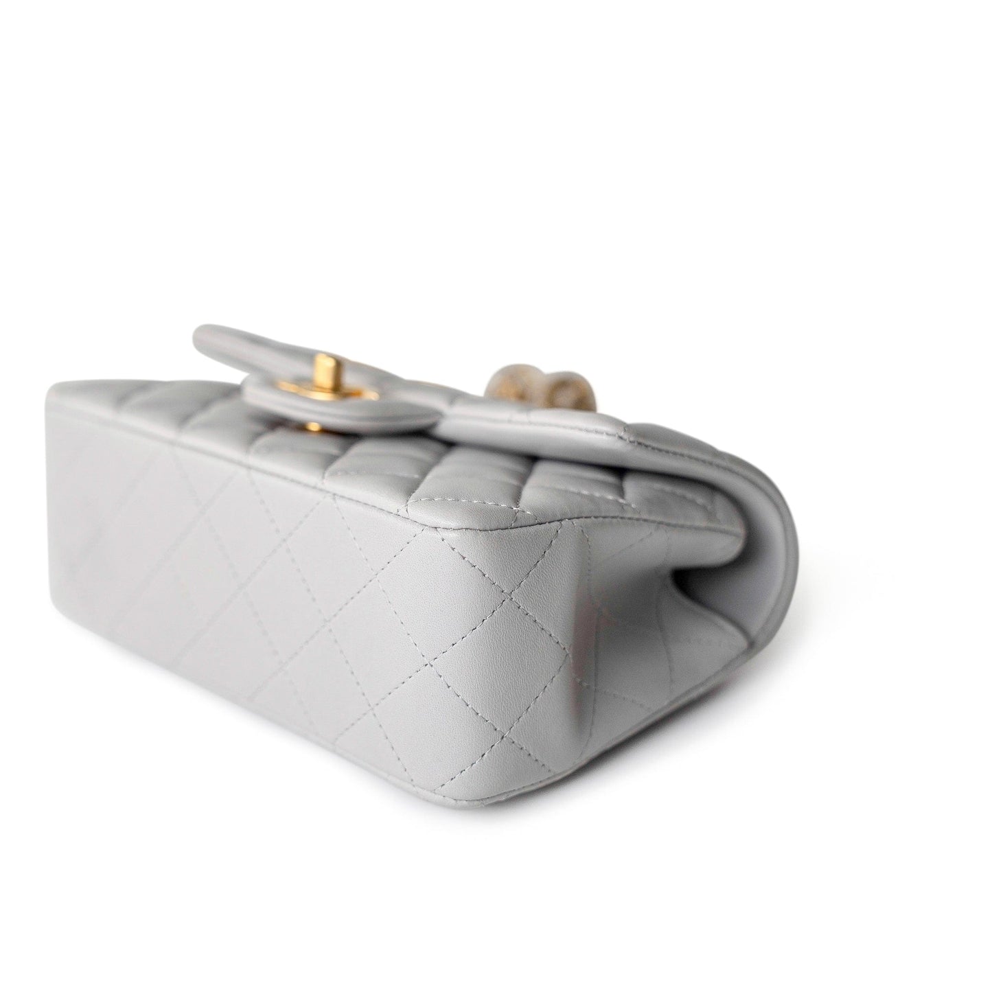21A Grey Lambskin Quilted Mini Top Handle Antique Gold Hardware