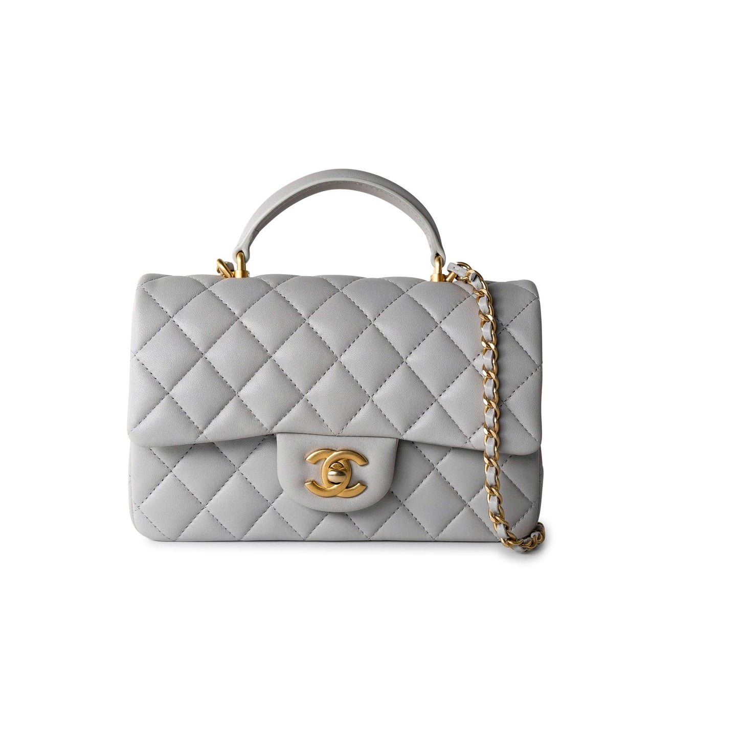 21A Grey Lambskin Quilted Mini Top Handle Antique Gold Hardware