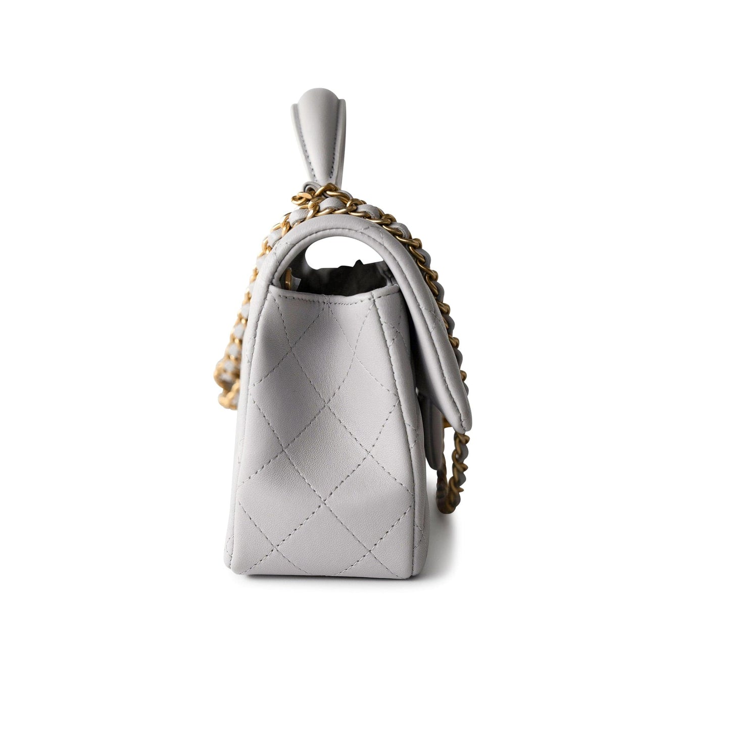 21A Grey Lambskin Quilted Mini Top Handle Antique Gold Hardware