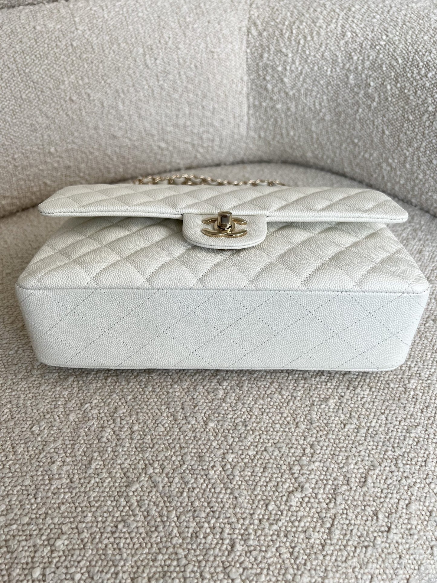 21A White Caviar Quilted Classic Flap Medium LGHW