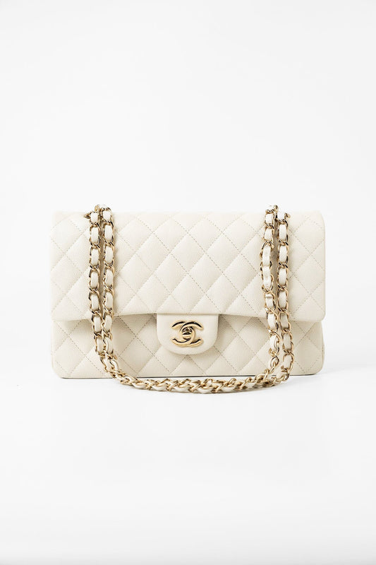 21A White/ Ivory Caviar Quilted Classic Flap Medium Light Gold Hardware