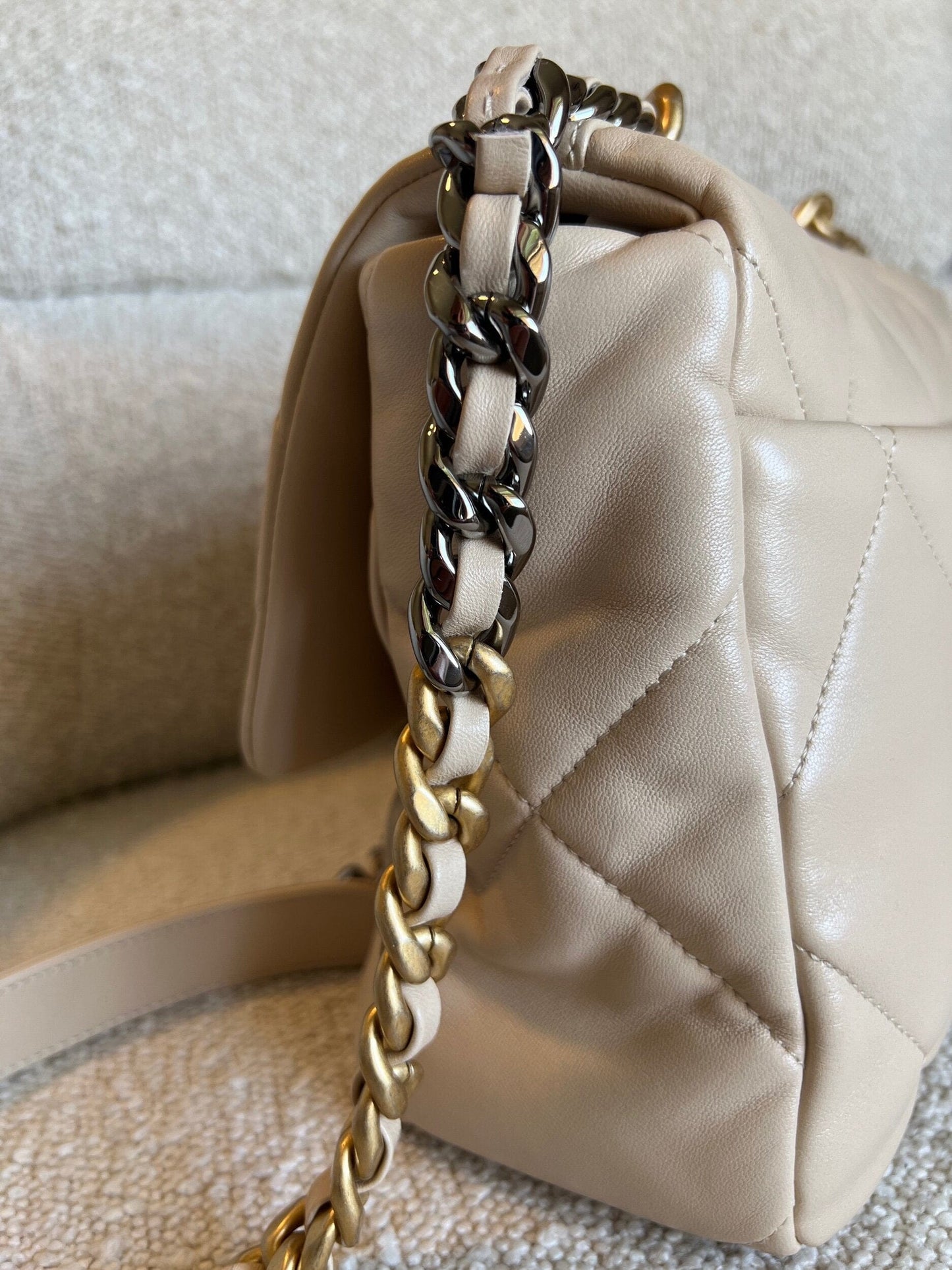 21B Beige Lambskin Quilted 19 Flap Medium/Large Mixed Hardware