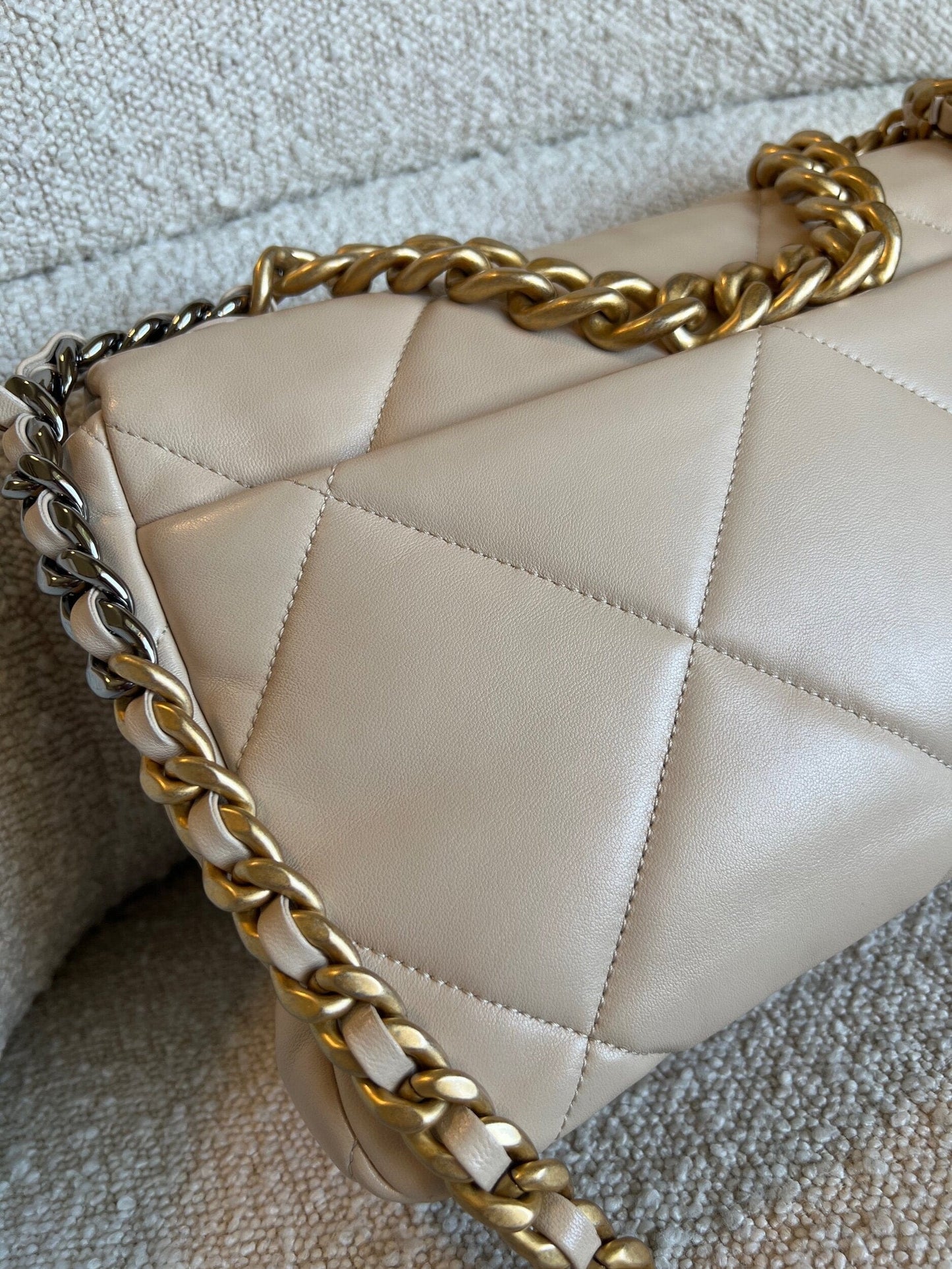 21B Beige Lambskin Quilted 19 Flap Medium/Large Mixed Hardware