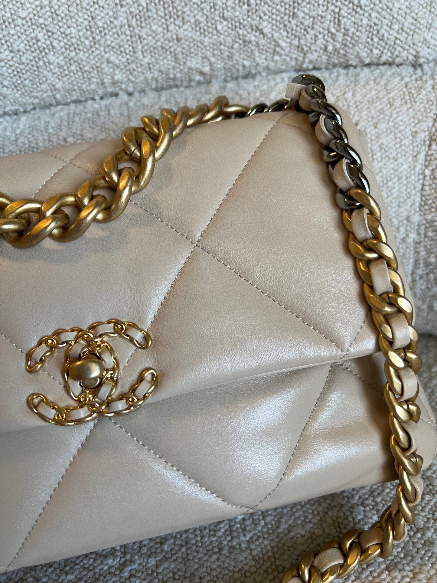 21B Beige Lambskin Quilted 19 Flap Medium/Large Mixed Hardware