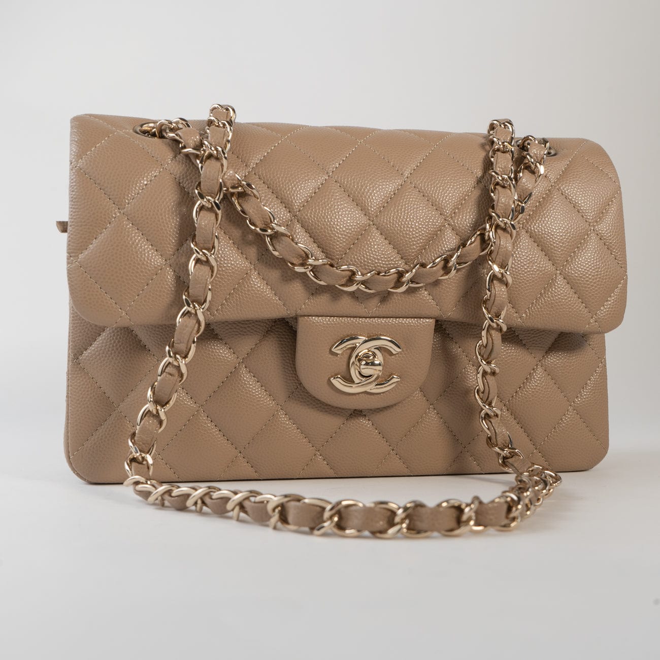 22A Dark Beige Caviar Quilted Classic Flap Small with Light Gold Hardware