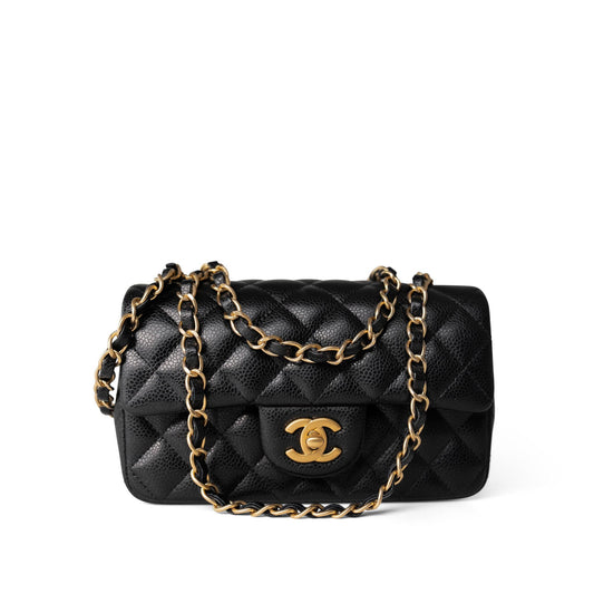 16C Black Caviar Quilted Mini Rectangular Single Flap Antique Gold Hardware