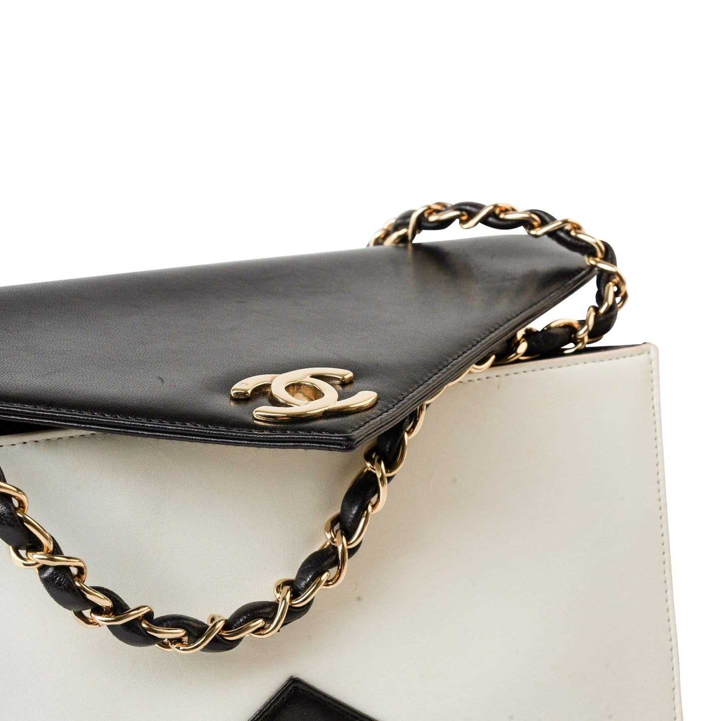 Vintage Black and White Lambskin Envelope Shoulder Bag Gold Hardware