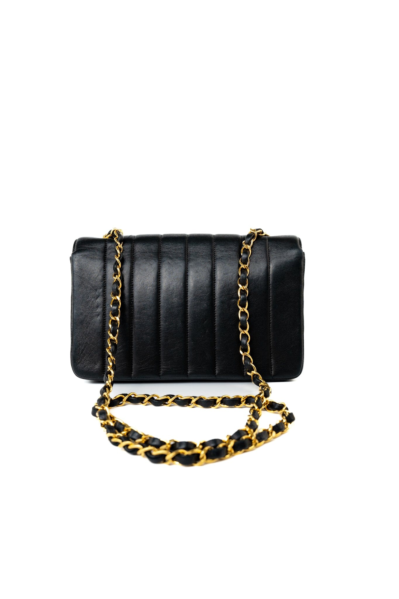 Vintage Black Vertical Lambskin Quilted Single Flap Gold Hardware