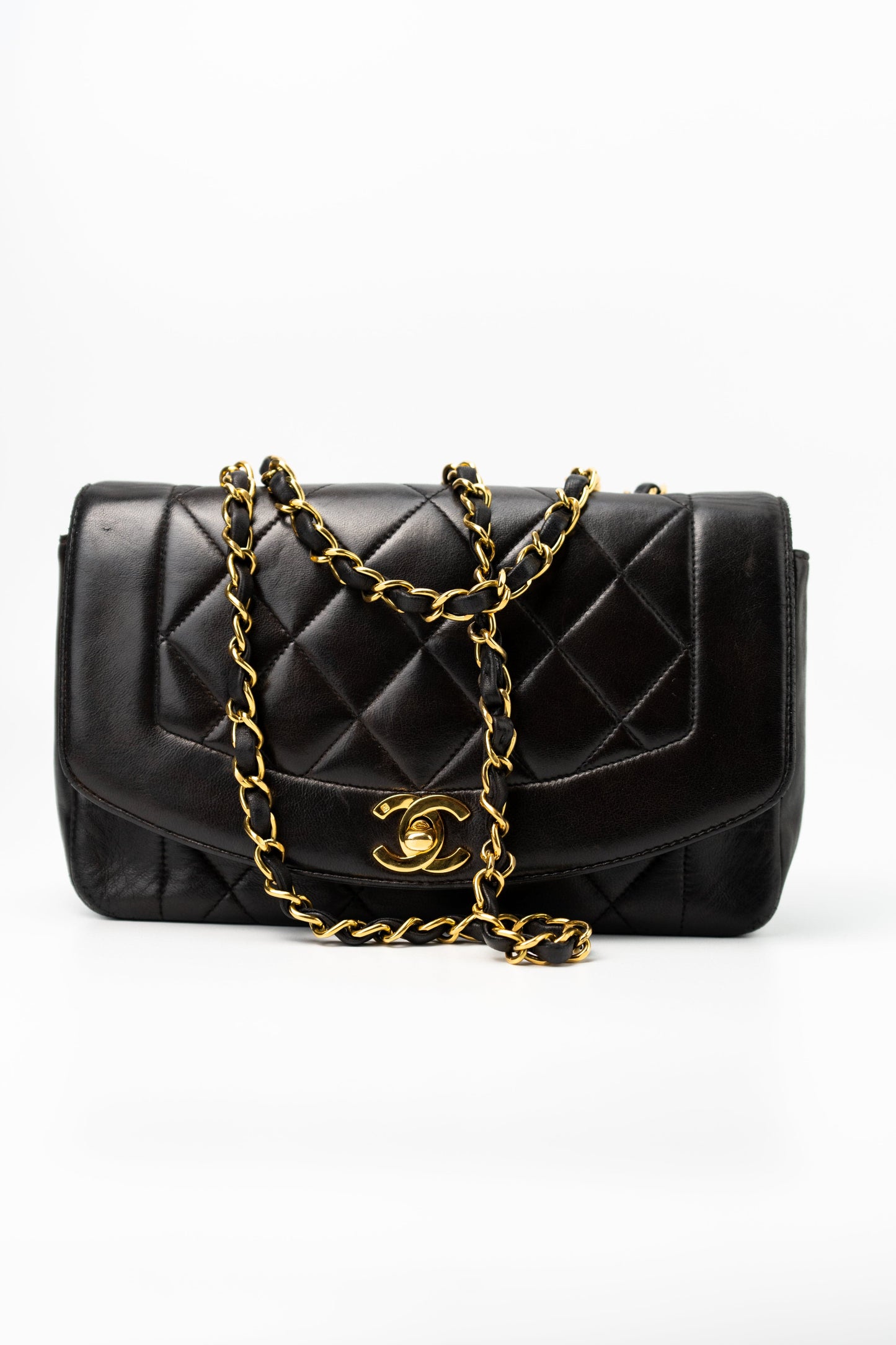 Vintage Small Black Lambskin Quilted Diana Flap GHW