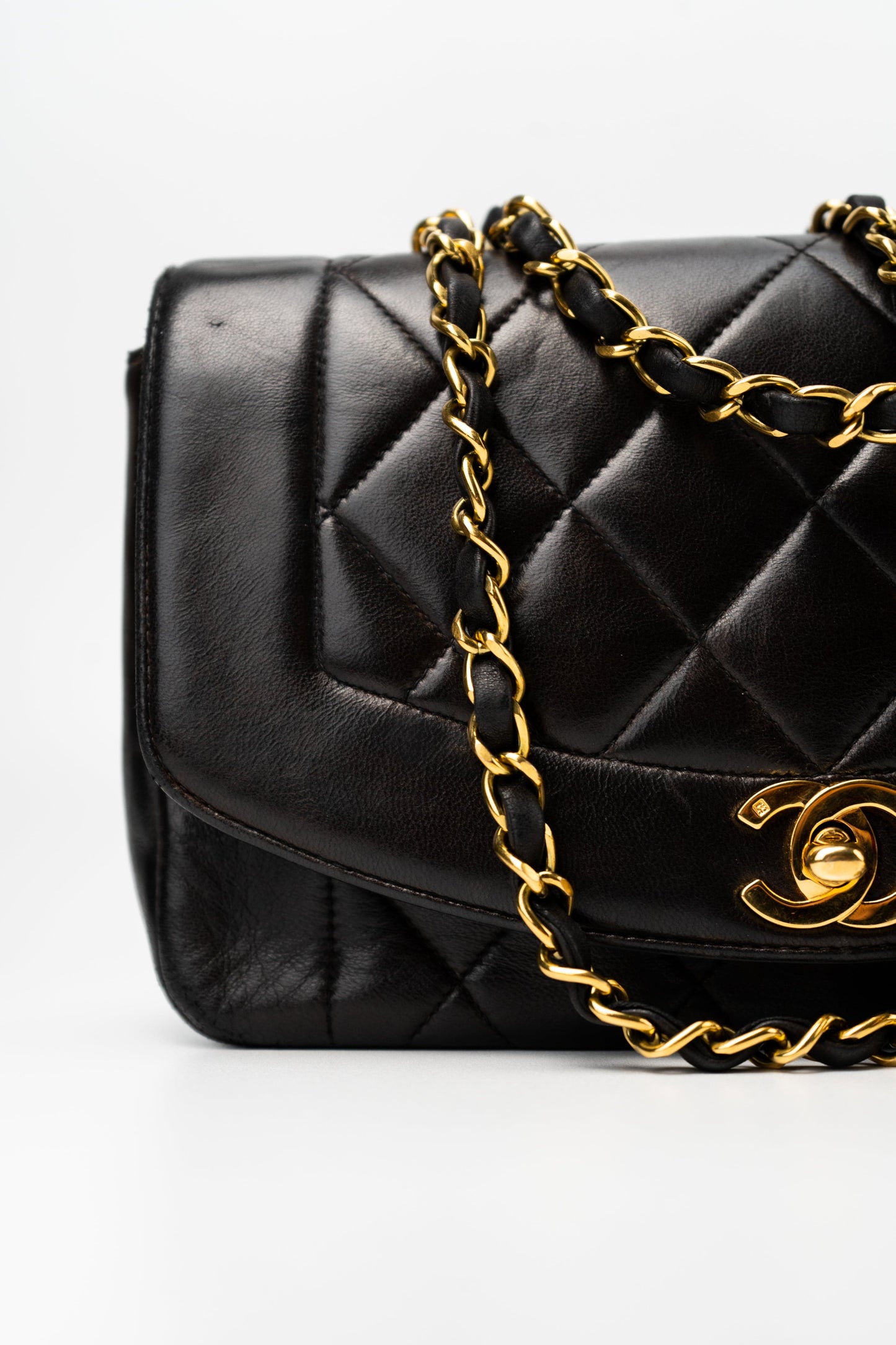 Vintage Small Black Lambskin Quilted Diana Flap GHW