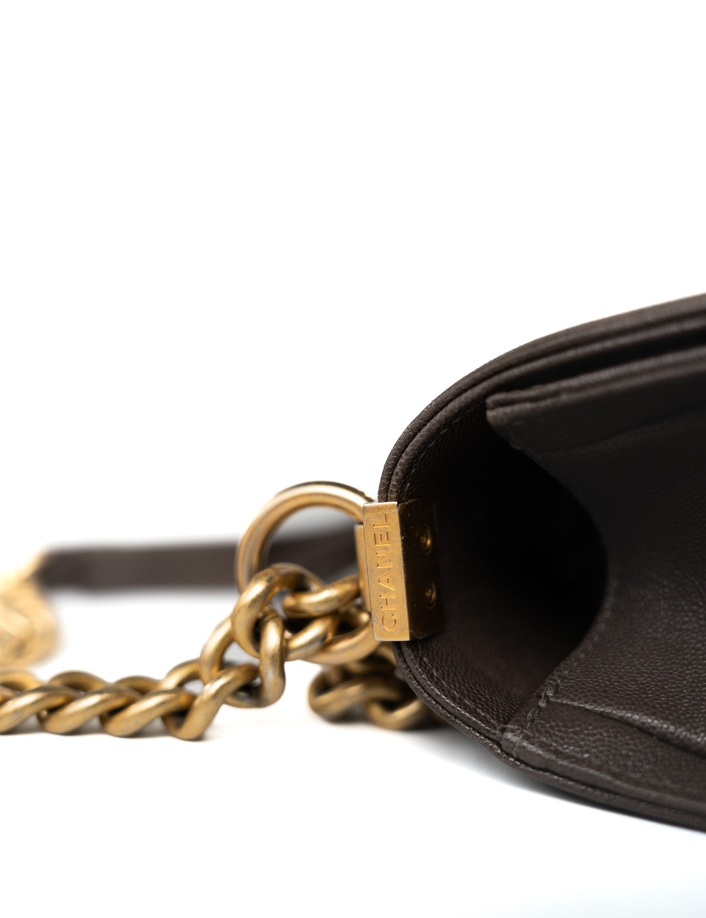 18A Taupe/ Khaki Brown Caviar Quilted Old Medium Boy Bag Antique Gold Hardware