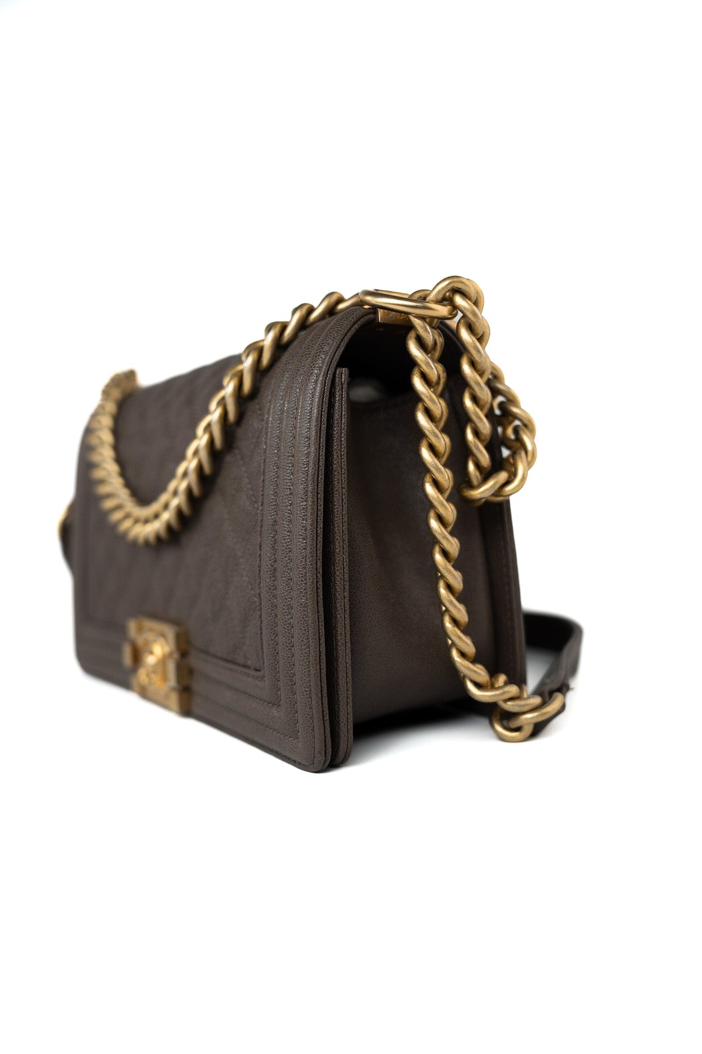 18A Taupe/ Khaki Brown Caviar Quilted Old Medium Boy Bag Antique Gold Hardware