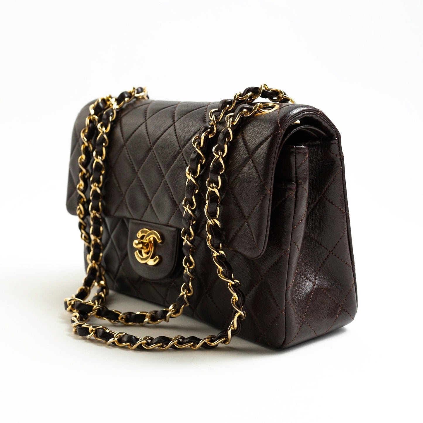 Vintage Brown Lambskin Quilted Classic Flap Small GHW