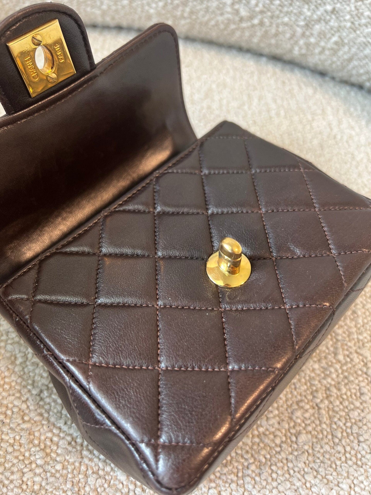 Vintage Brown Lambskin Quilted Micro Mini Kelly with Top Handle GHW