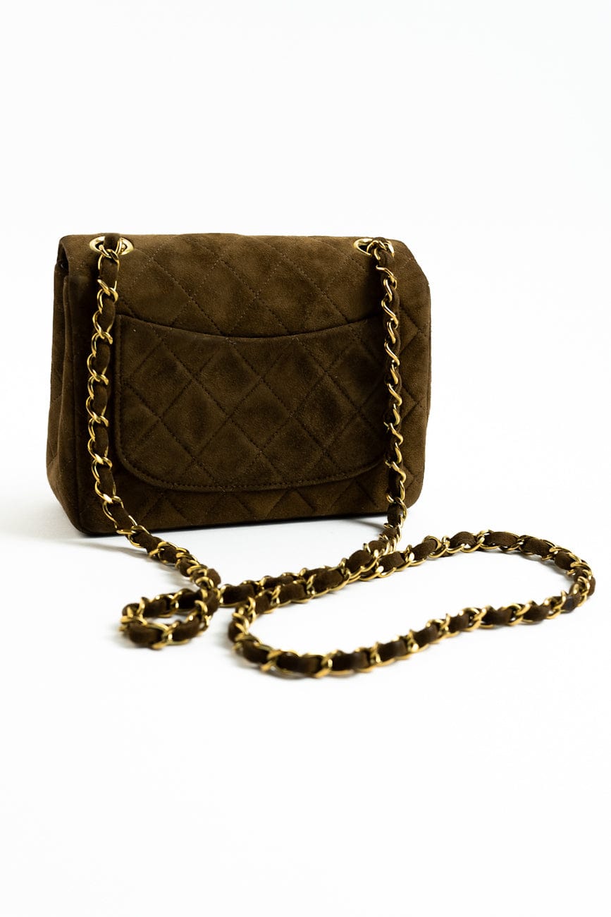 Vintage Brown Suede Quilted Mini Square Flap GHW