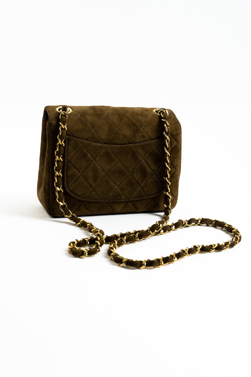 Vintage Brown Suede Quilted Mini Square Flap GHW