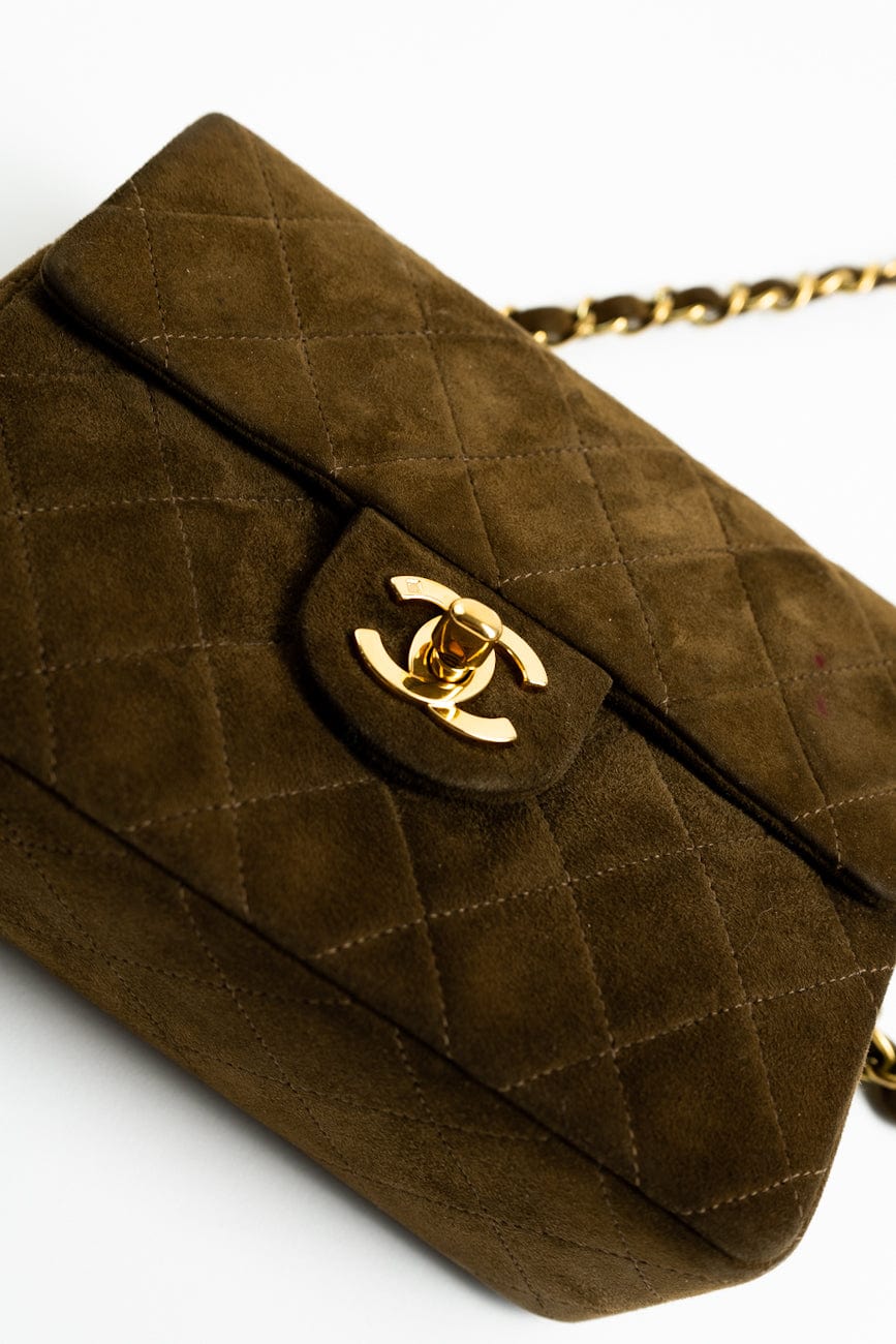 Vintage Brown Suede Quilted Mini Square Flap GHW