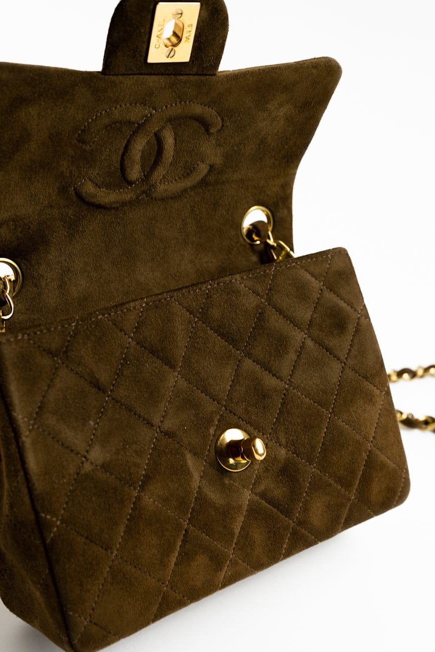 Vintage Brown Suede Quilted Mini Square Flap GHW