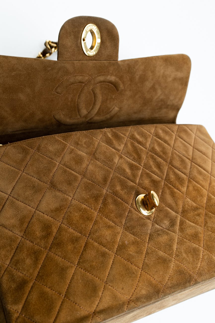 Vintage Tan/Brown Suede Quilted Jumbo XL Single Flap 24k GHW