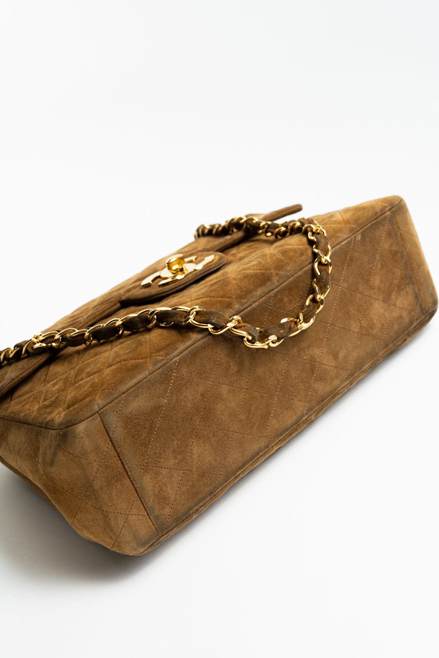 Vintage Tan/Brown Suede Quilted Jumbo XL Single Flap 24k GHW