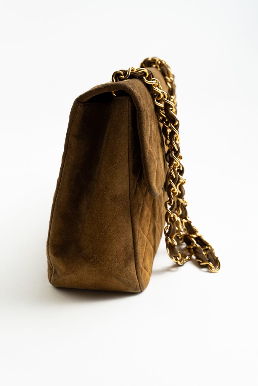 Vintage Tan/Brown Suede Quilted Jumbo XL Single Flap 24k GHW